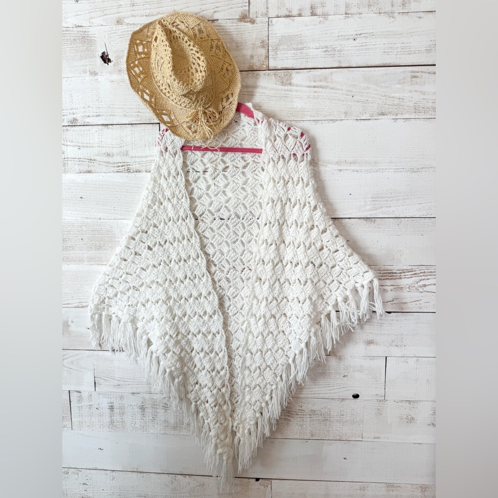 Crochet Fringe Shawl Wrap in White
